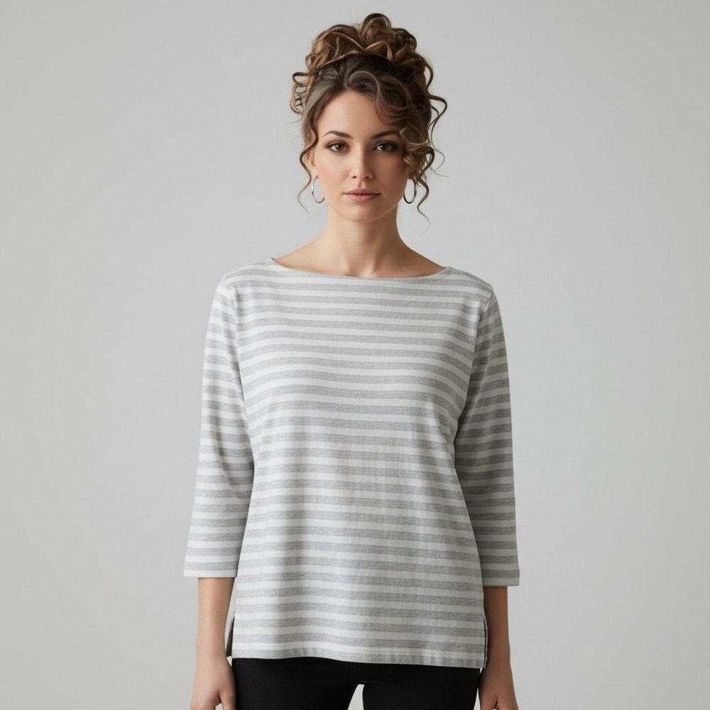 J.Crew Gray White Striped Boatneck Top Small 3/4 Sleeve Cotton Tee